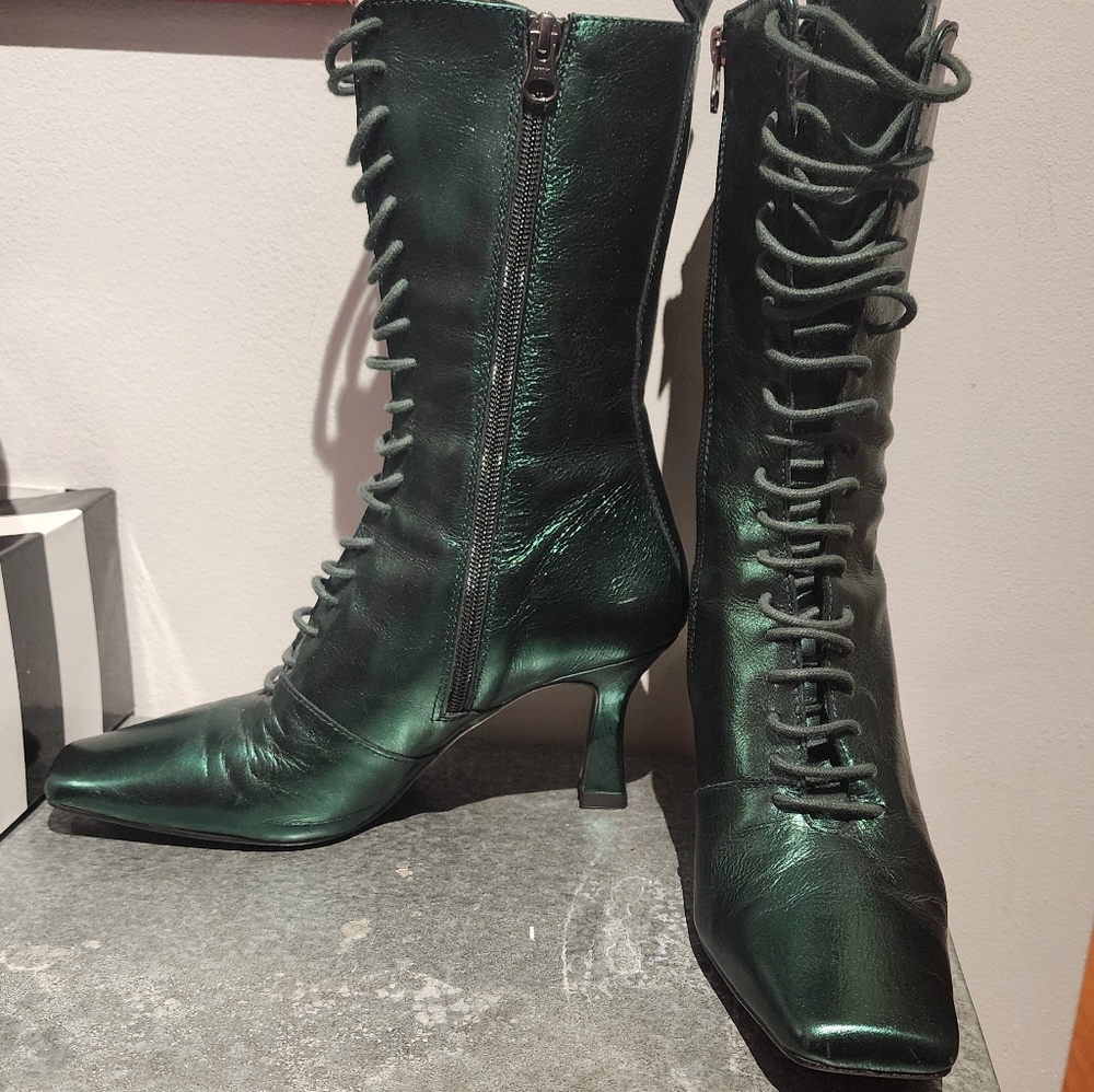 Metallic Green L'intervalle Square Toe Leather Boots - Picture 5 of 11